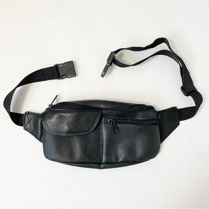 Vintage 90s Black Genuine Full Grain Leather Belt Bag Fanny Pack